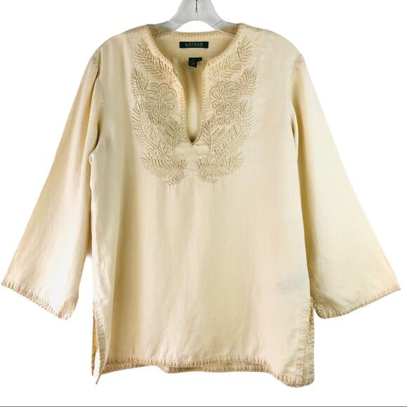 Ralph Lauren cream linen floral embroidered boho coastal tunic top medium - Picture 1 of 7